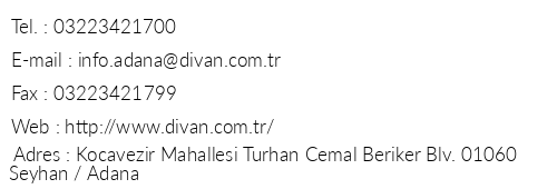 Divan Adana Otel telefon numaralar, faks, e-mail, posta adresi ve iletiim bilgileri